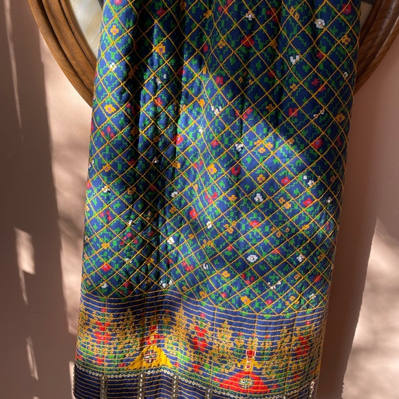 Vintage 70s Handmade Quilted Green Beaded Faux Pearl Long Boho Dress X/S - Picture 5 of 7